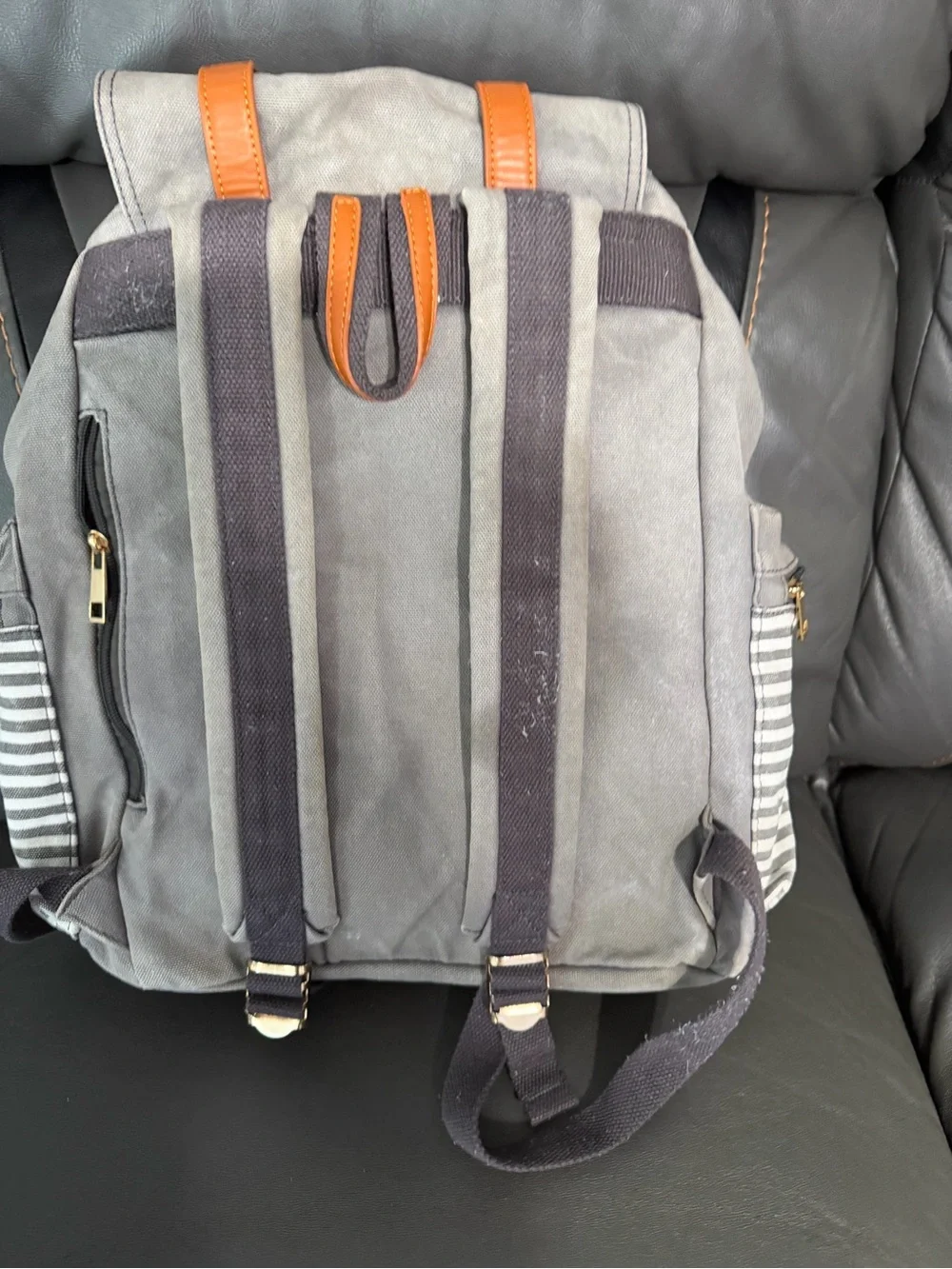 Gray Canvas Backpack with Tan Leather Straps - Casual Men’s Daypack